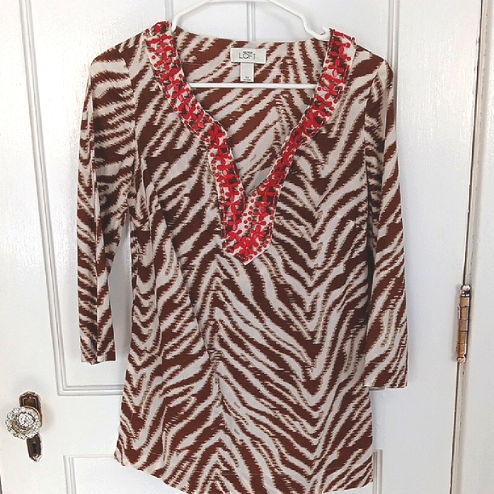 Ann Taylor LOFT Brown and White Top With Red Beading